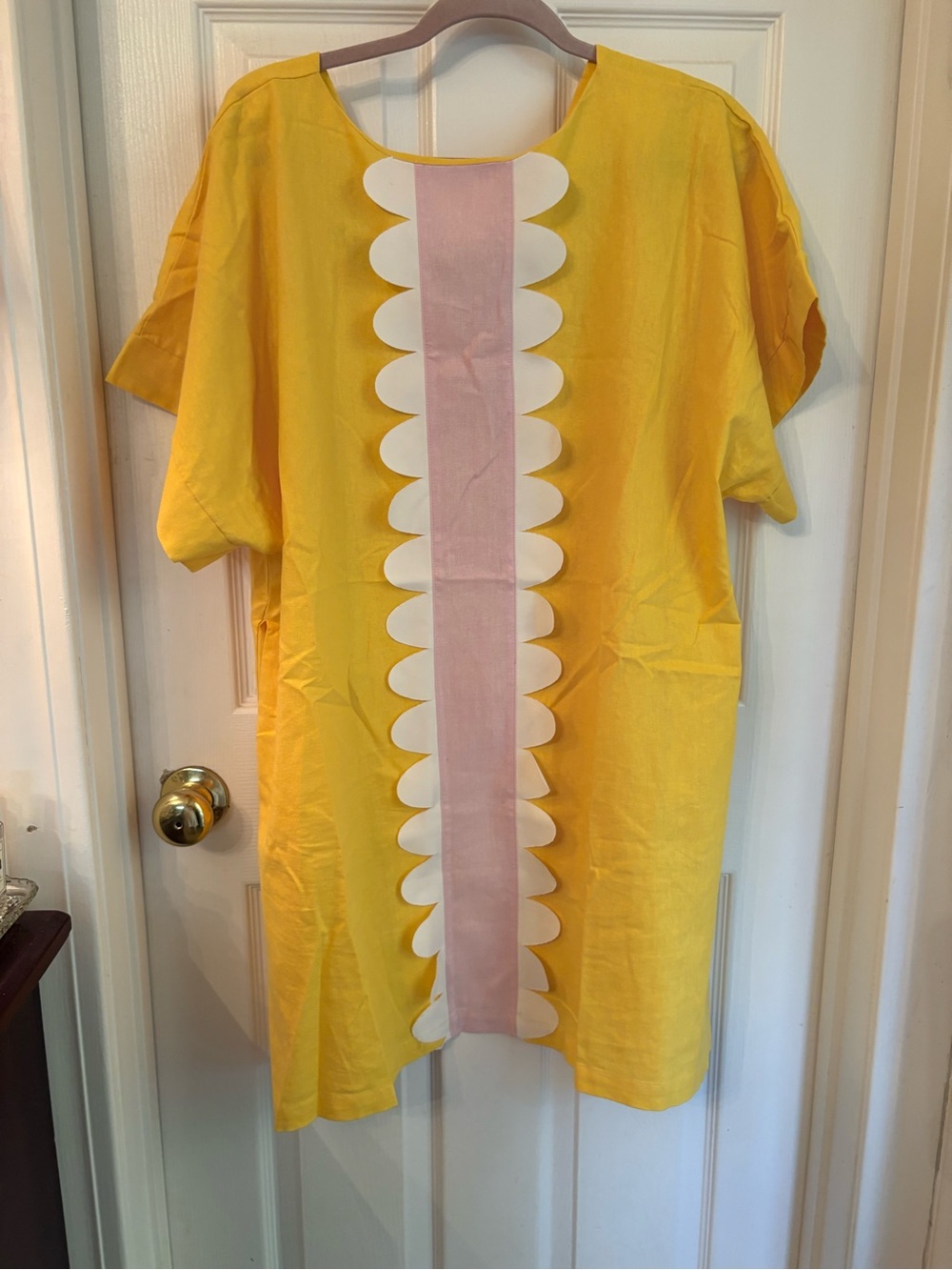 House Of MBR Women’s Yellow Short-Sleeve Dress with Pink & White Scallop Trim
